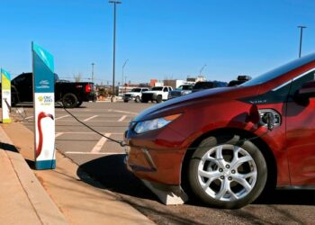 Electric vehicle (EV) chargers are shown in the parking lot of the Oklahoma City zoo.